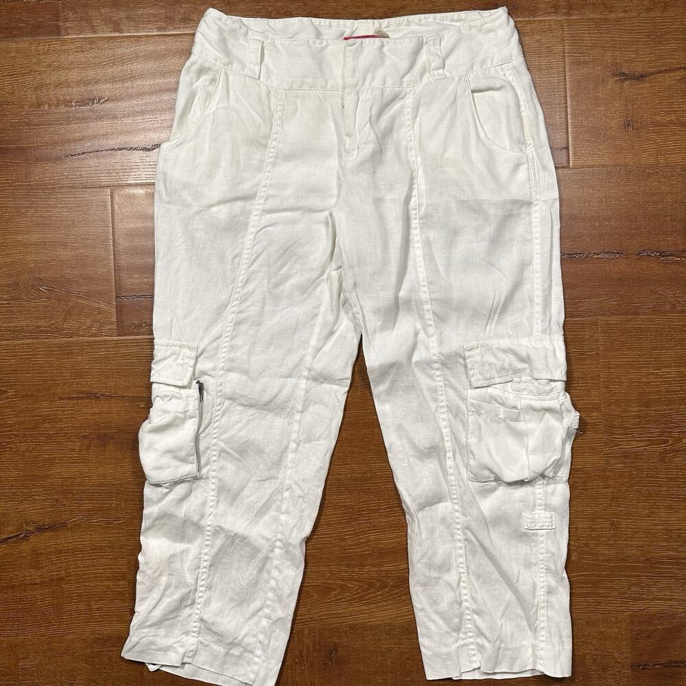 Alice + Olivia Cargo Pants Womens 32x25 White Cropped 100% Linen Luxury Tropical